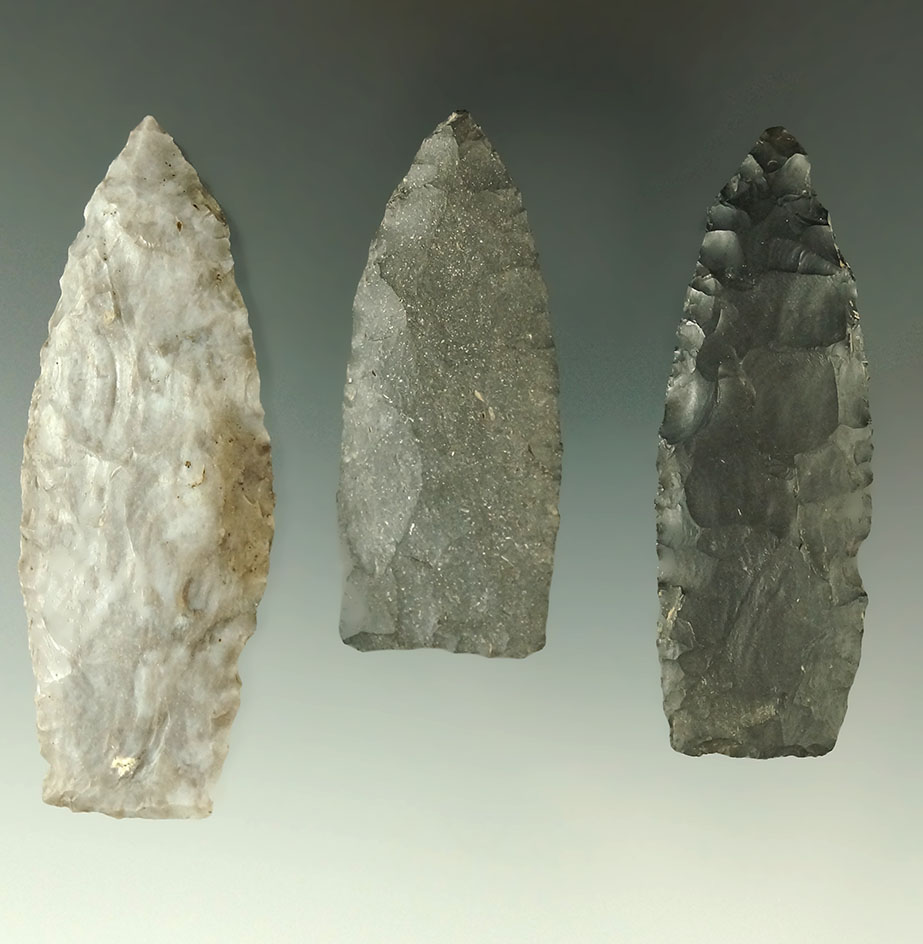 Set of three Coshocton Flint Paleo Lanceolate found in Ohio, largest is 3".