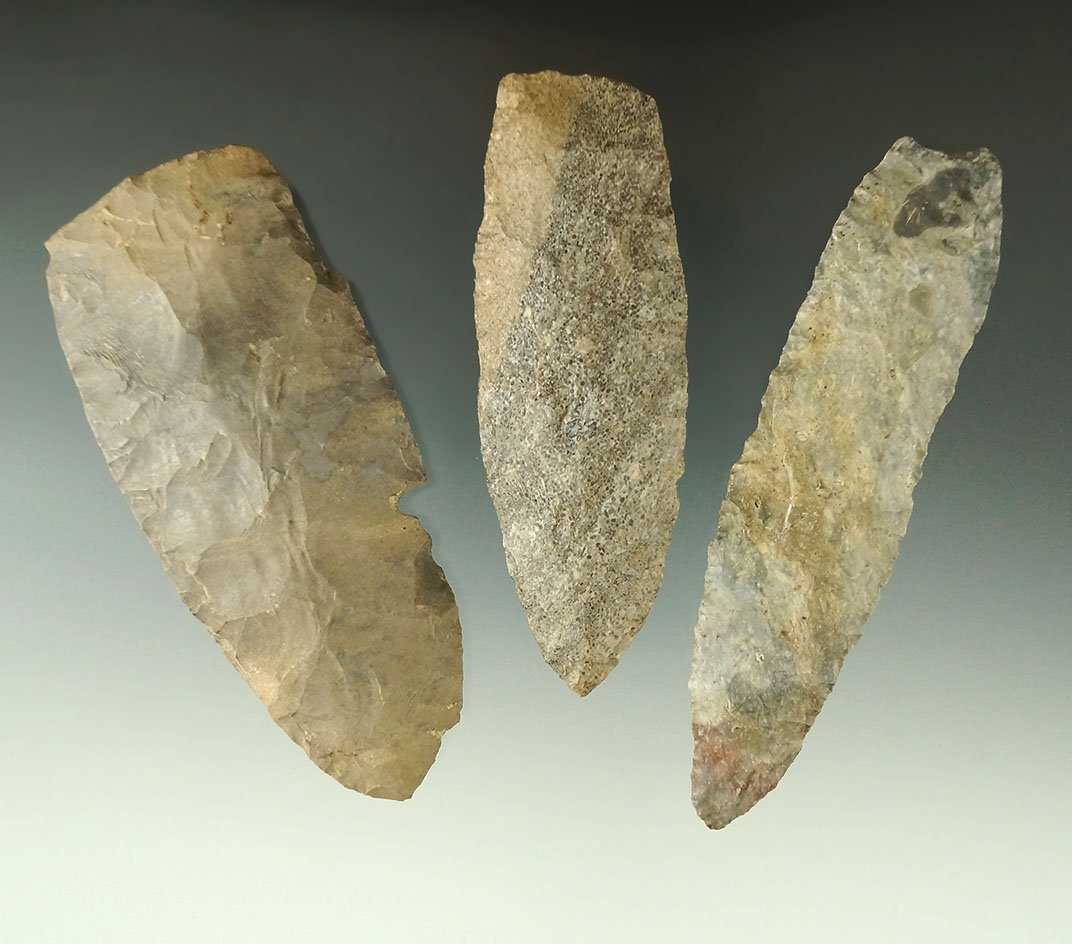 Set of three Paleo Lances/Blades found in Ohio, largest is 4 1/2".