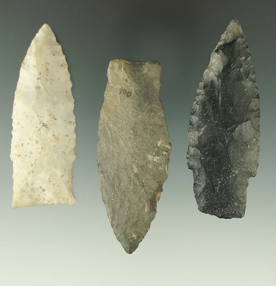 Set of three nice Paleo Stemmed Lanceolate found in Ohio, largest is 2 5/8".