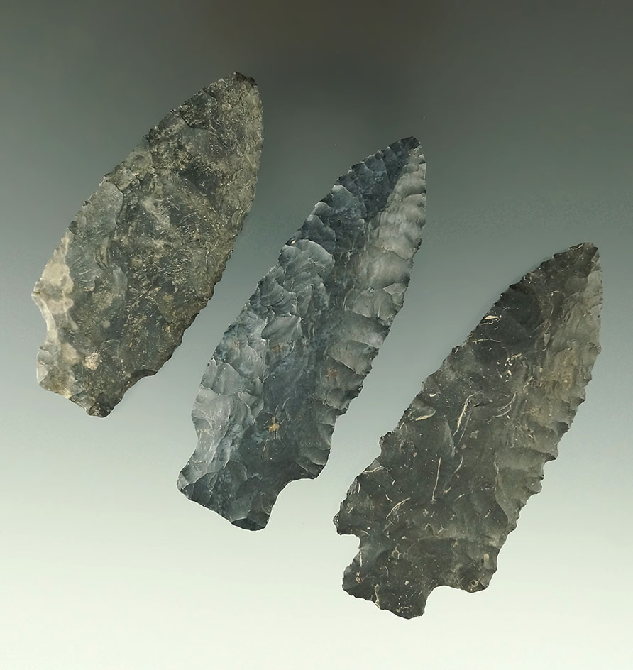 Set of three Heavy Duty points made from Coshocton Flint found in Ohio, largest is 3".