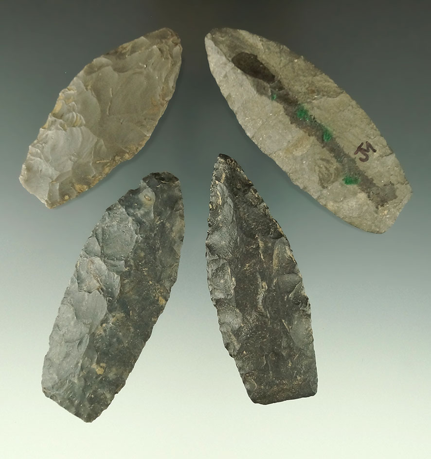 Set of four Paleo Lanceolates found in Ohio, largest is 3 1/16".