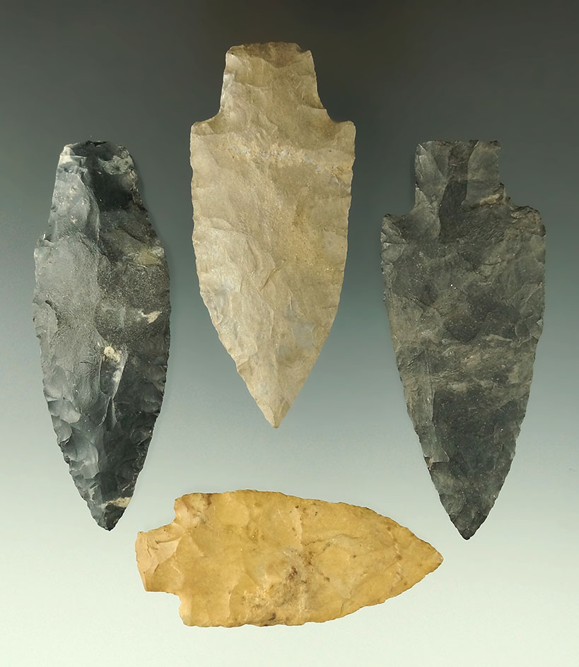 Set of four Ohio Stemmed arrowheads/knives, largest is 3 1/8".