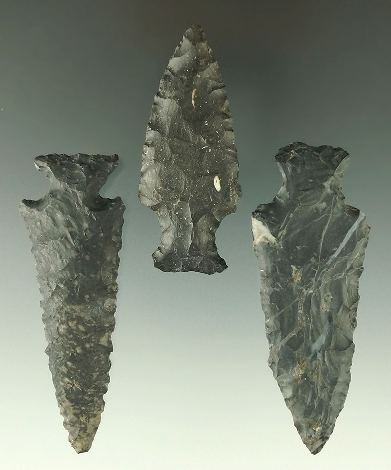 Set of three Coshocton Flint arrowheads found in Ohio, largest is 2 7/8".