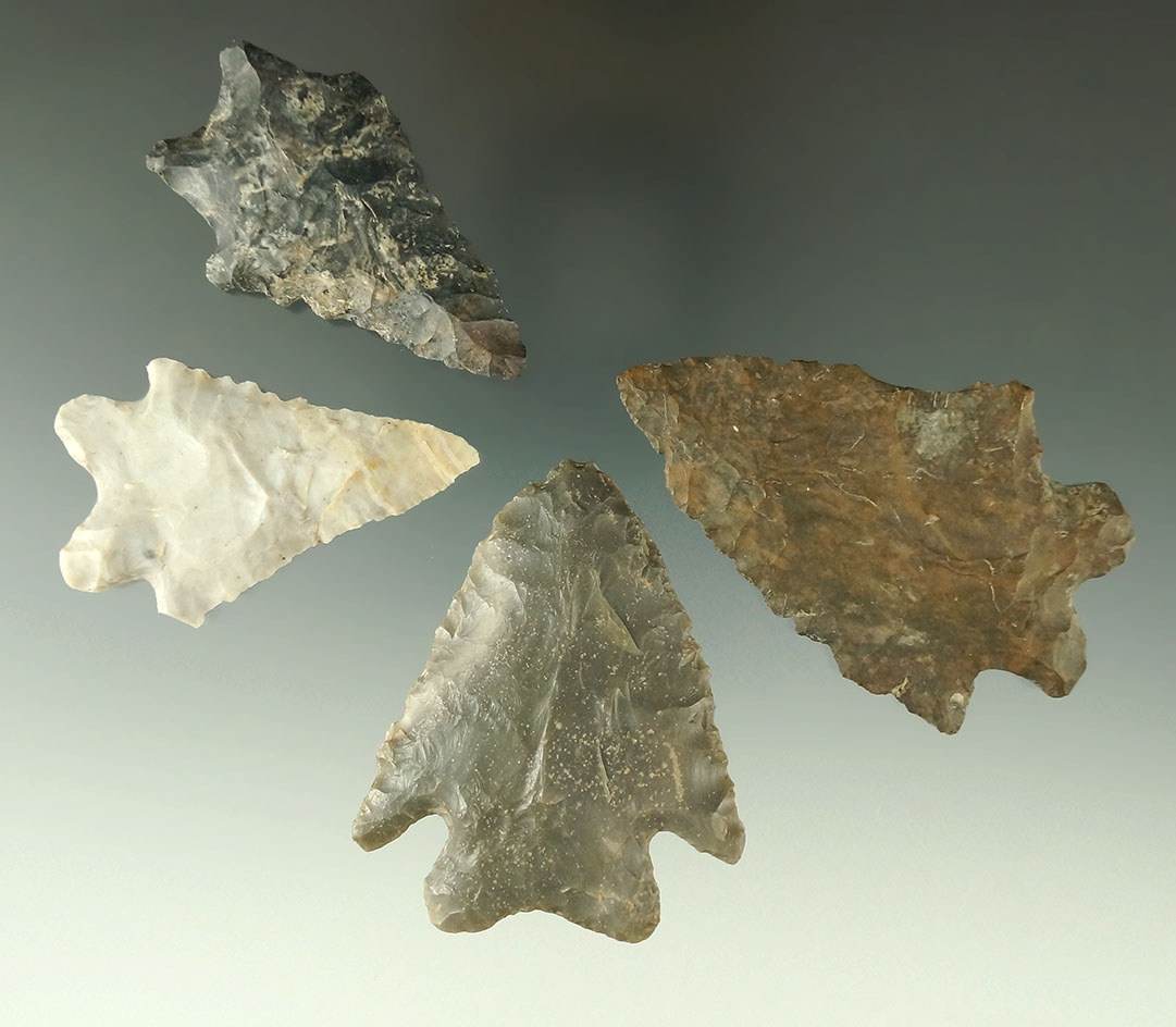 Set of four nice Bifurcate Base arrowheads found in Ohio, largest is 2 7/16".