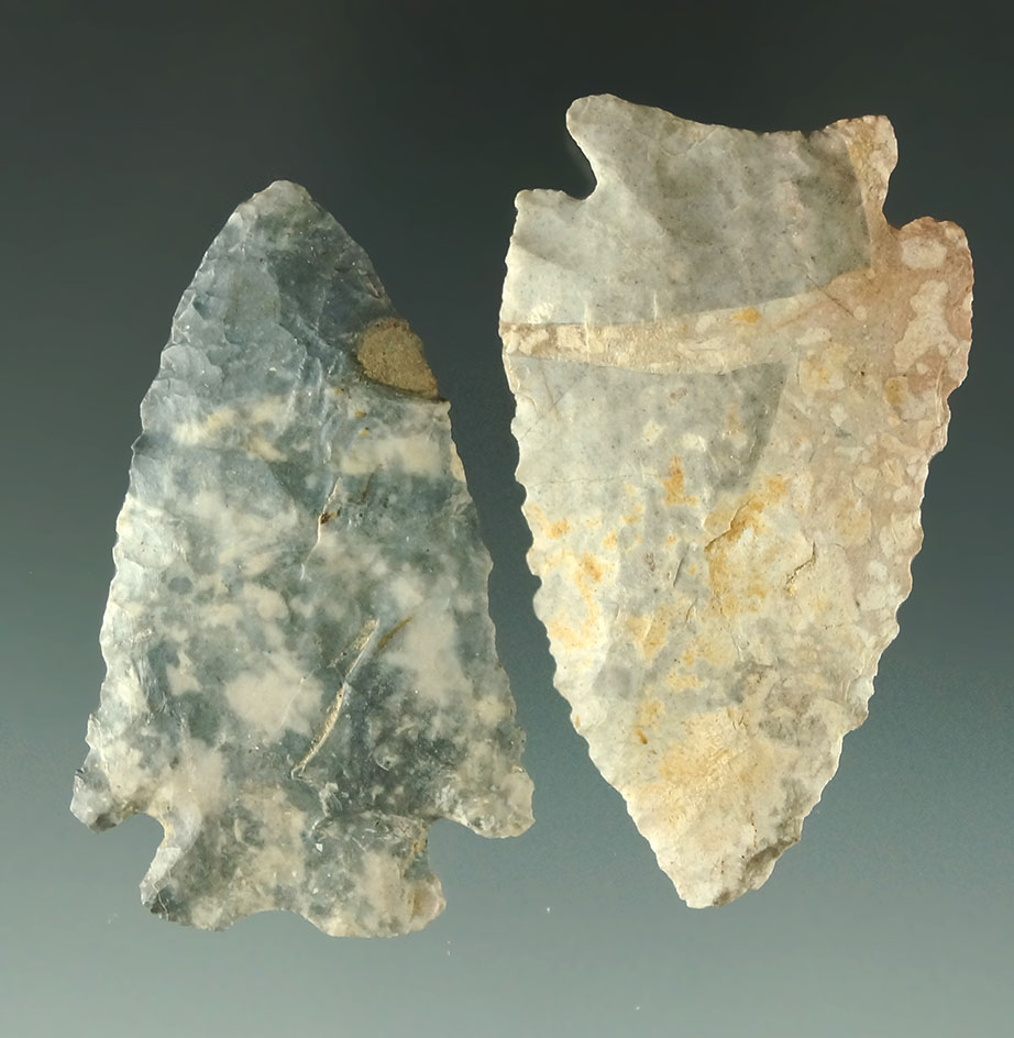 Pair of beautifully colored Ohio arrowheads, largest is 2 5/16".