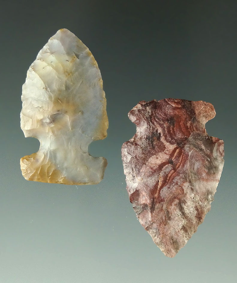 Pair of very colorful Flint Ridge Flint points found in Ohio, largest is 1 7/8".