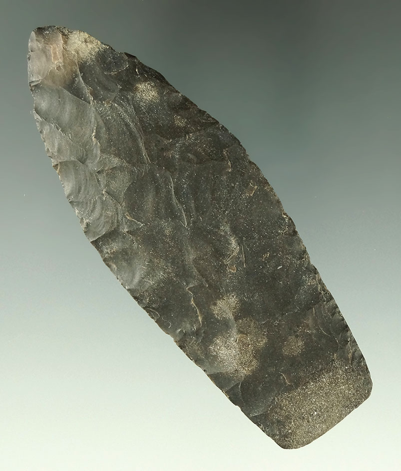 Classic style 3 13/16" Paleo Stemmed Lanceolate made from Coshocton Flint with nicely ground edges.