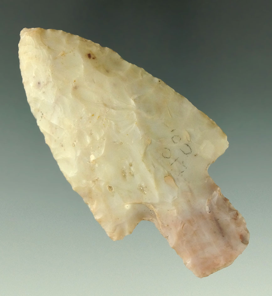 3 3/8" Flint Ridge Flint Adena found in Licking  Co., Ohio by Homer Frush. Ex. Jack Hooks collection