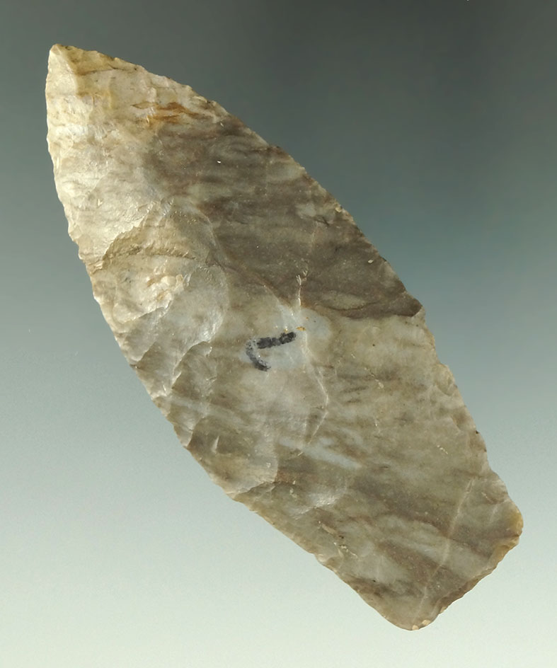 Classic style 3 3/8" Upper Mercer Flint Paleo Stemmed Lanceolate found in Delaware Co., Ohio.