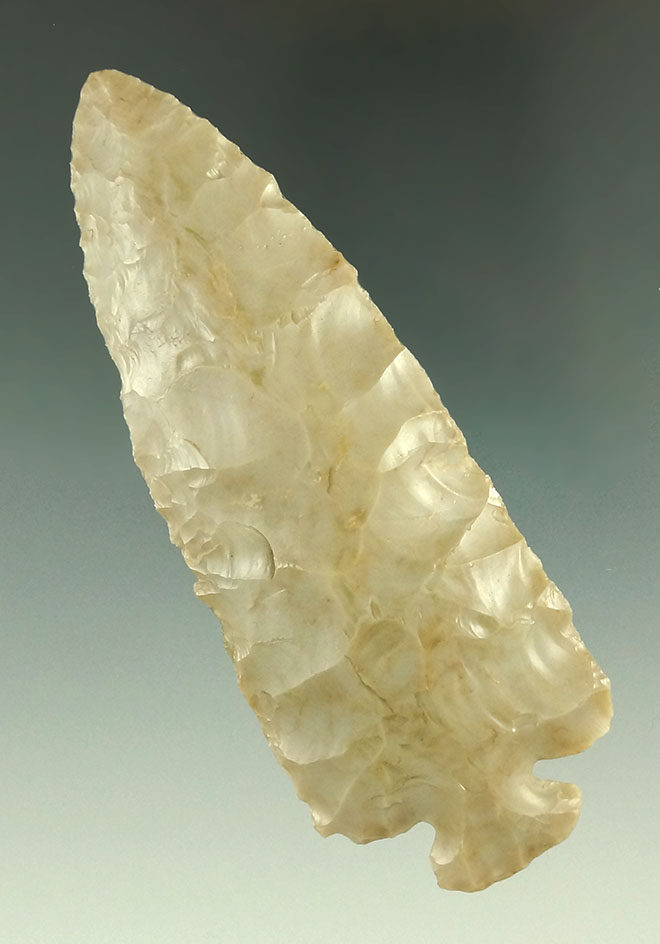 Beautiful 4" Chalcedony Flint Ridge Button Base Dovetail found in Ross Co., Ohio. Bennett COA.