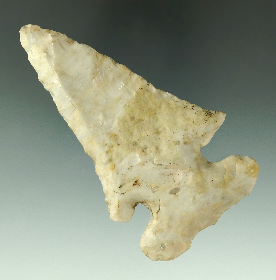 Large base on this 3 5/8" Archaic Bevel made from Flint Ridge Flint found in Coshocton Co., Ohio.