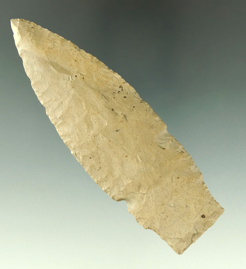 4 1/8" Paleo Stemmed Lanceolate that is well patinated and very nicely flaked found in Ohio.