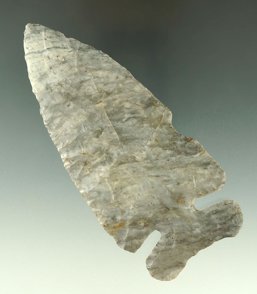 Very large 4 7/8" Thebes made from attractive Upper Mercer Flint with a shaft scraper on one edge.