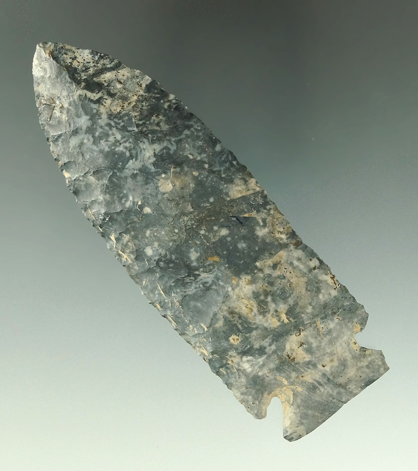 Large for type! 3 11/16" Intrusive Mound Knife made from Coshocton Flint found in Ohio.
