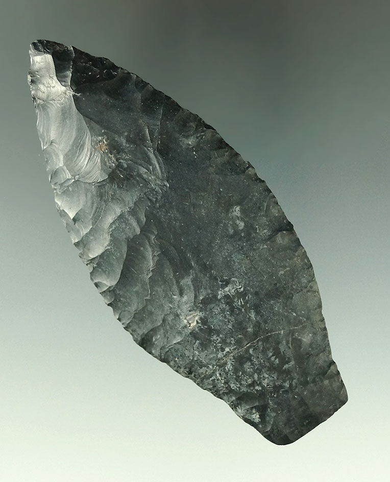 3 11/16" Paleo Stemmed Lanceolate found in Morrow Co., Ohio. Ex. Hothem collection. Bennett COA.