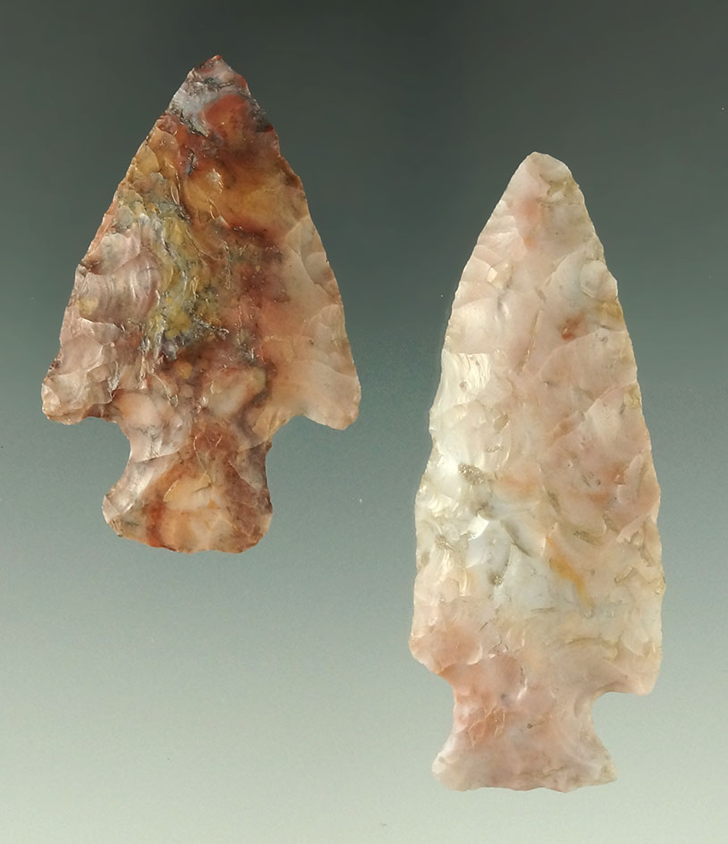 Pair of colorful Flint Ridge Flint Woodland points found in Stark and Richland Co., Ohio.