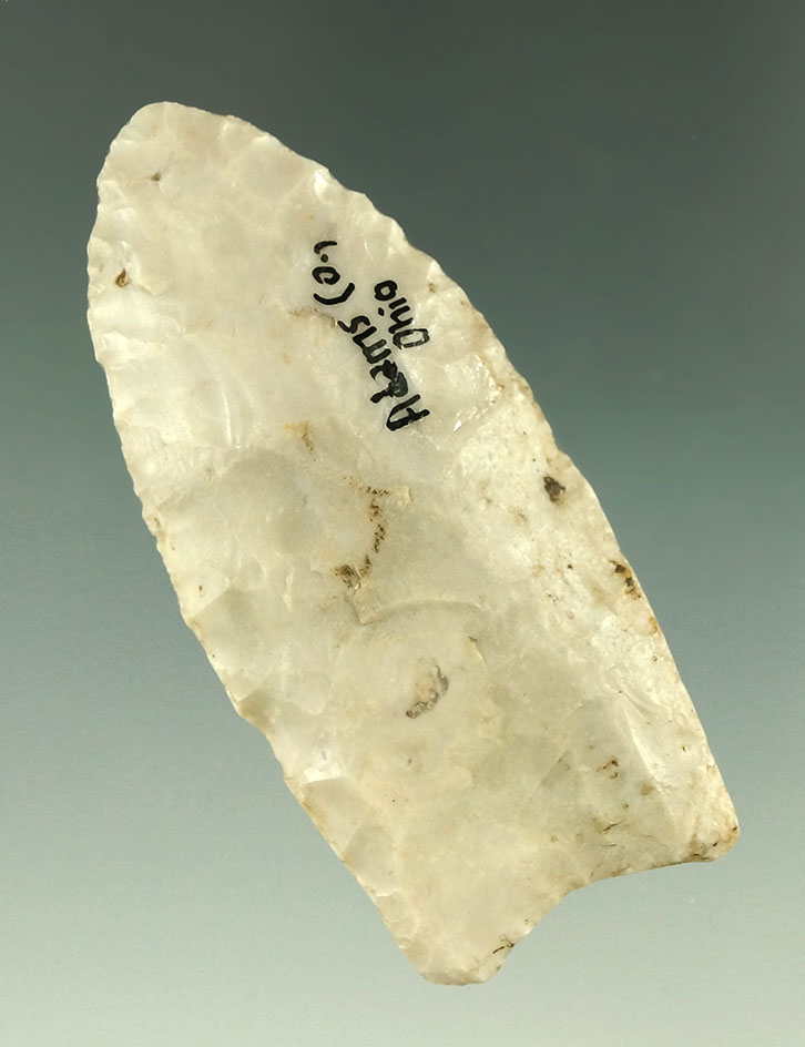 2 1/2" Flint Ridge Flint Paleo Clovis that is nicely patinated found in Adams Co., Ohio. Bennett COA