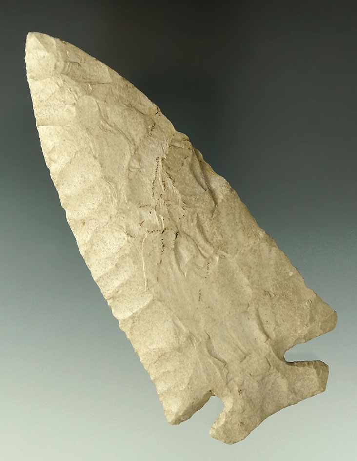 Large 5 1/2" Thebes point found in Ohio. Ex. Kenny Black collection.