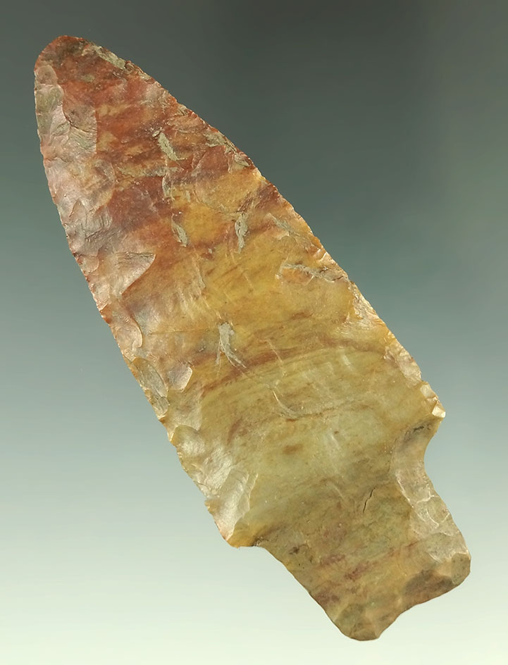 Beautiful material on this 3 3/4" Plum Run Flint Adena with a restored base found in Ohio.