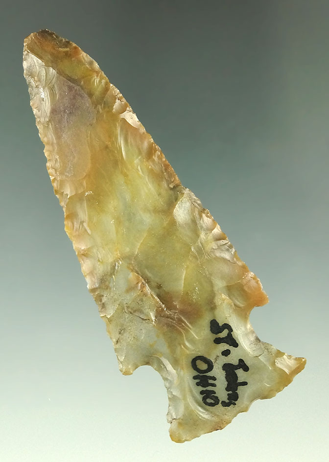 Rare color! 3 3/16" Hopewell made from green and gold colored Flint Ridge Flint - St. John's, Ohio.