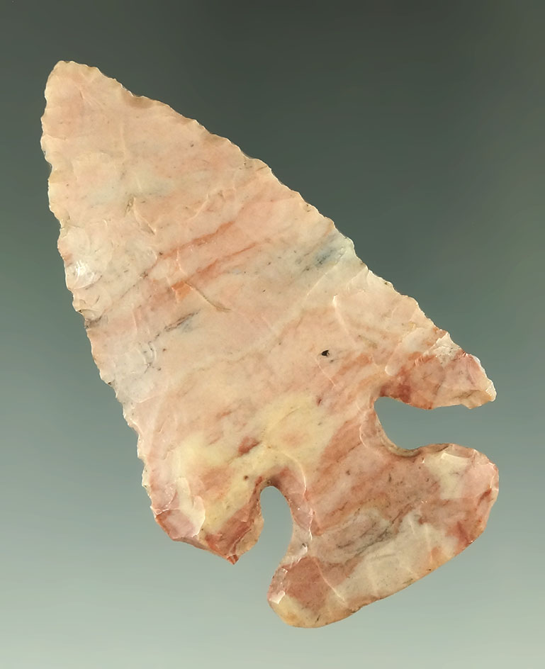 2 5/8" thin and nicely flaked Thebes made from beautiful pink and blue Flint Ridge Flint - Ohio.