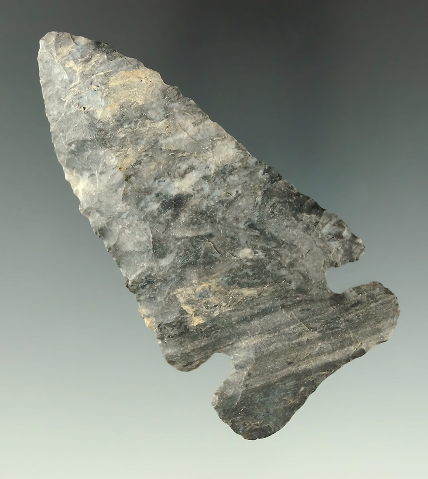 3 5/16" well styled Archaic Sidenotch Bevel found in Licking the Co., Ohio.