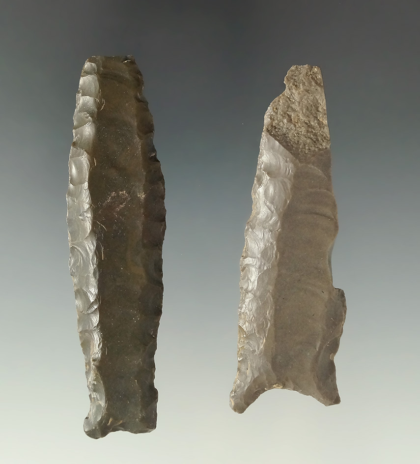 Pair of Paleo Cumberland points which are damaged, the largest is 3 1/16" and was found in Indiana.