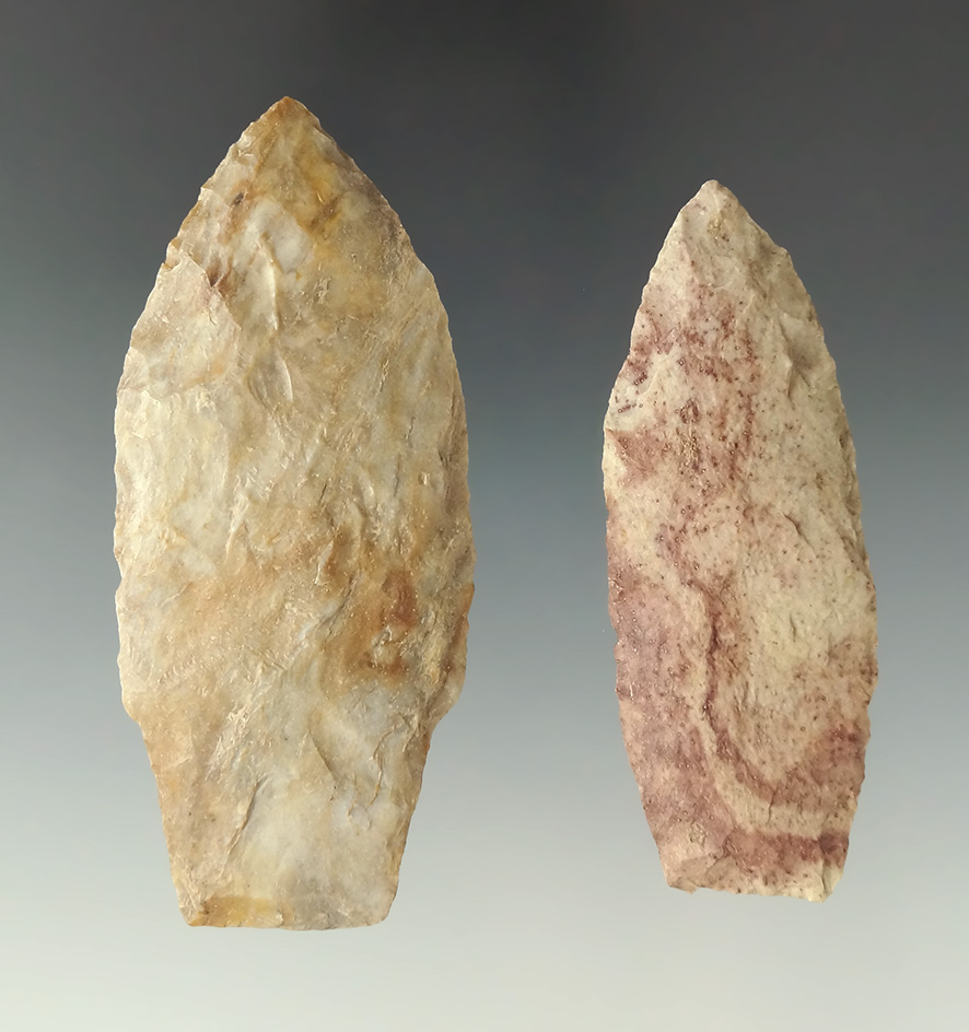 Rare material! Pair of Plum Run Flint Paleo Lances found in Ohio, largest is 3 3/16".