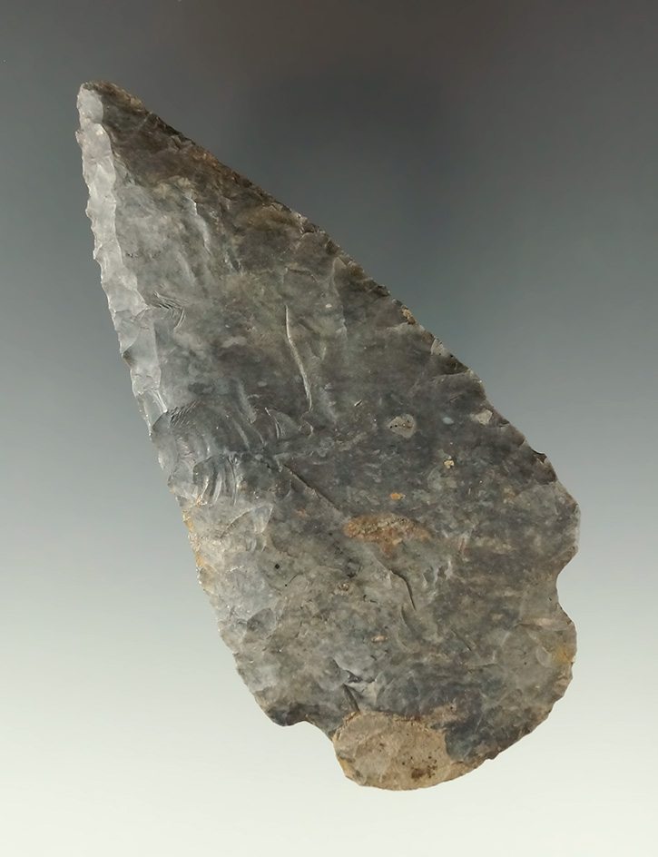 Large 4 1/4" Coshocton Flint Knife found in Muskingum Co., Ohio. Ex. Jim Phillips collection.