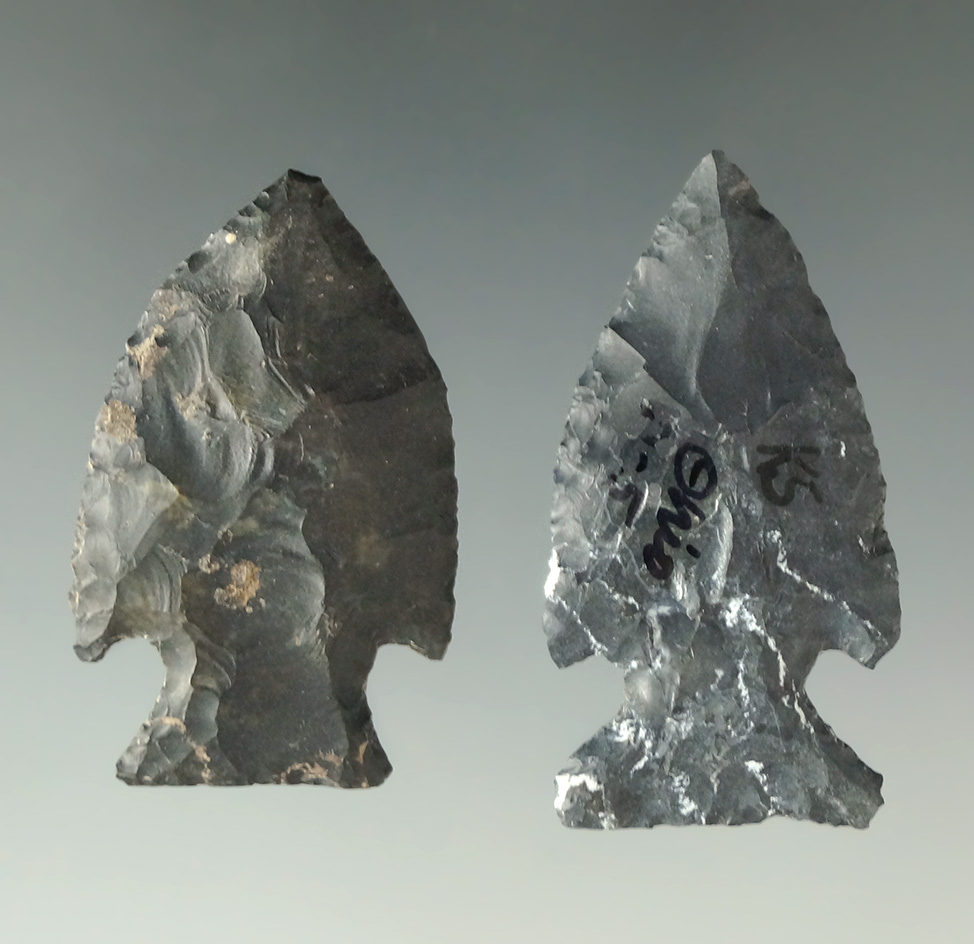 Pair of Coshocton Flint Intrusive Mound points found in Ohio, largest is 1 3/4".