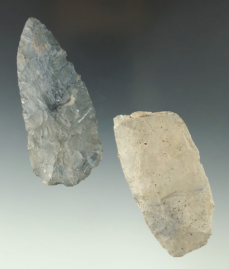 Pair of paleo blades found in Ohio, largest is 3 3/8". Ex. John Anspaugh collection.