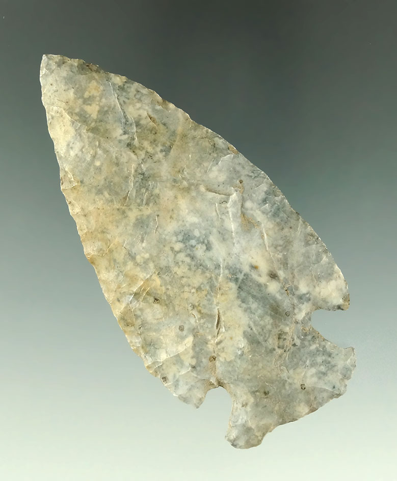3 7/16"- Cornernotch - nicely patinated mottled Coshocton Flint - Crawford Co., Ohio. - Bennett COA.