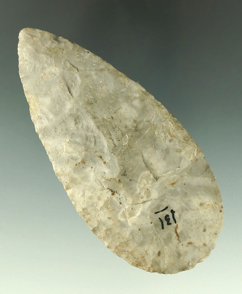 3 11/16" Flint Ridge Flint Adena Blade found in Coshocton Co., Ohio. Ex. Gilbert Dilley collection.