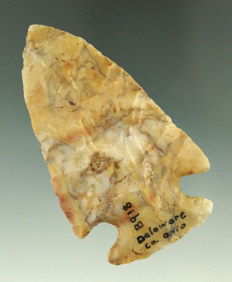 Incredible color! 3 1/16" Flint Ridge Flint Archaic Cornernotch  found in Delaware Co., Ohio.