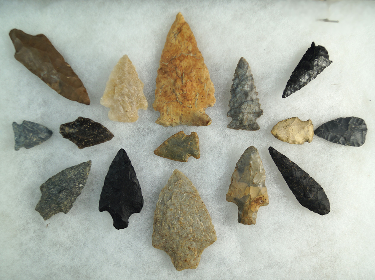 Group of 15 assorted midwest and eastern seaboard Arrowheads, largest is 2 15/16".