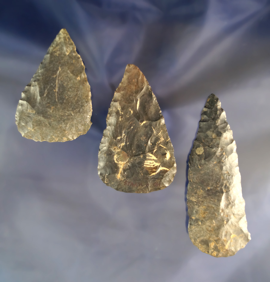 Set of 3 Coshocton Flint Archaic Knives found in Ohio, largest is 3 3/4".