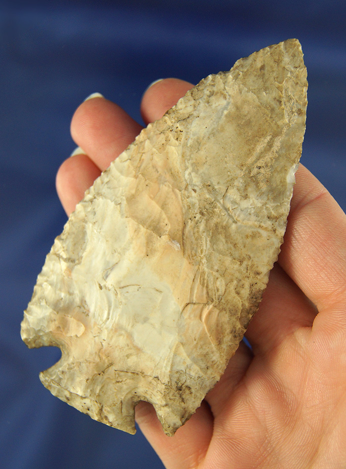 Heavily patinated 3 7/8" Archaic Cornernotch with heavy patina and nice edge serrations found in Ohi