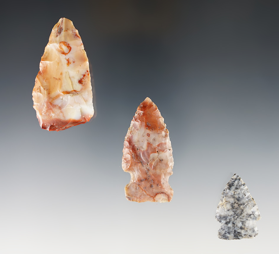 Set of 3 colorful Ohio Points made from Flint Ridge Flint. The largest is 2 1/8".