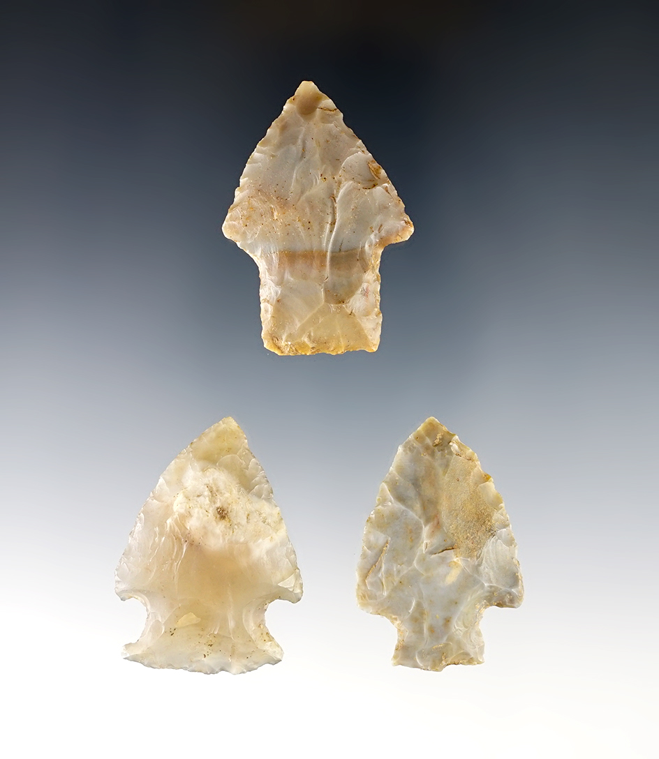 Set of 3 Flint ridge Ohio Points found in Guernsey County. The largest is 1 3/4".