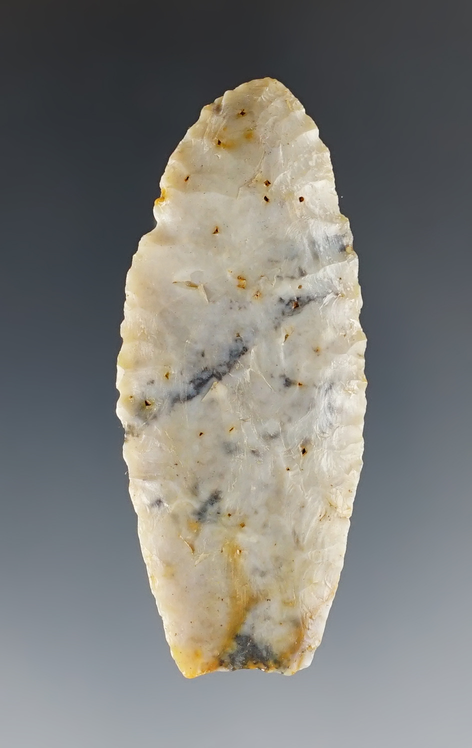 2 1/4" Paleo Lance made of beautiful blue and white Flint Ridge Flint. Found in Stark Co., Ohio.
