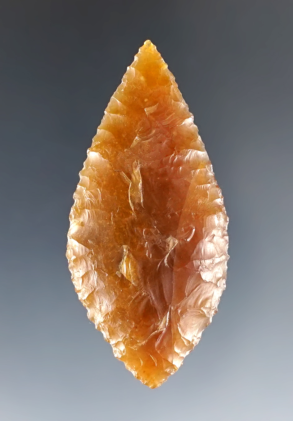 Exceptional style and flaking on this 2 3/16" Bi-pointed Leaf Knife made from chalcedony.