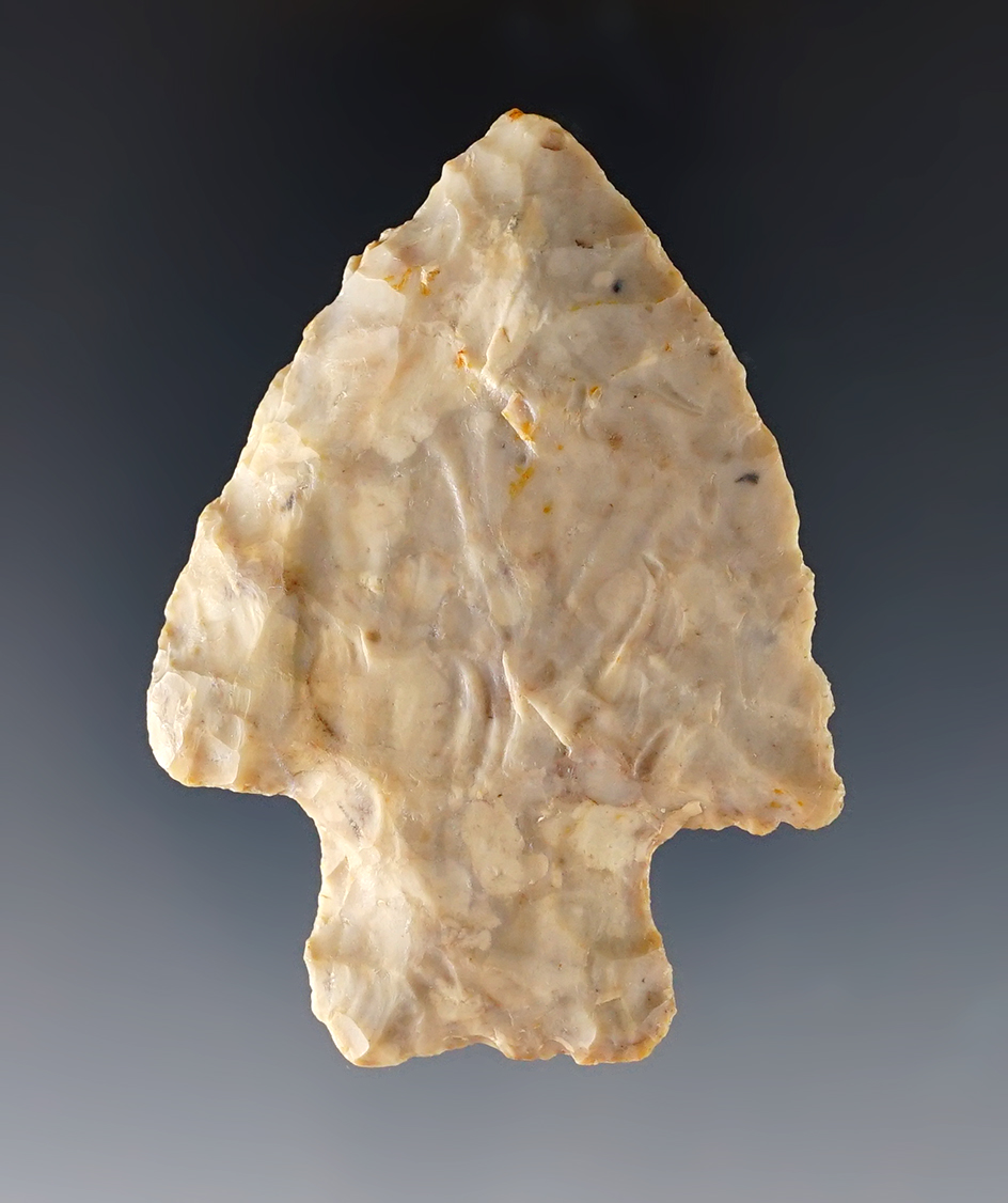 2 9/16" Adena Beveled Knife made from beautiful Flint Ridge Flint. Ex. Jim Hawks collection.