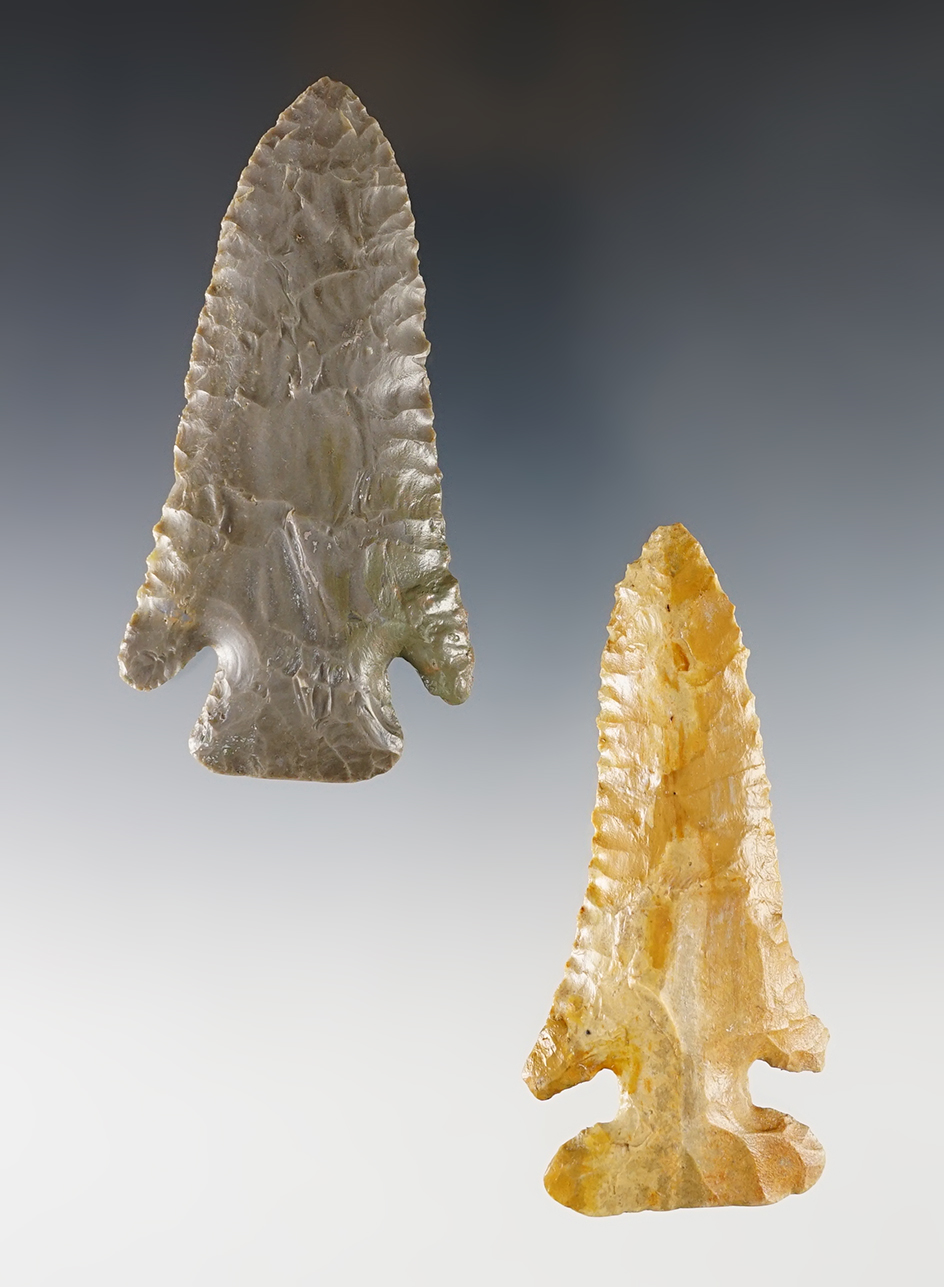 Pair of Ohio Points. Each has one restored ear. The largest is 3 5/16".