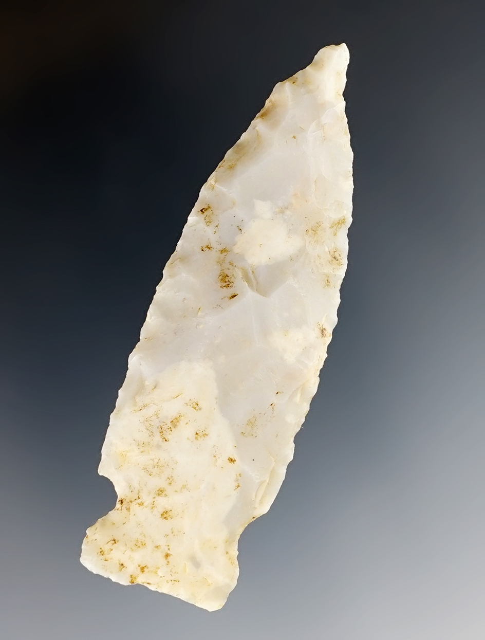 3" Archaic Sidenotch Point made of milky Flint Ridge Chalcedony. Found in Crawford Co., Ohio.