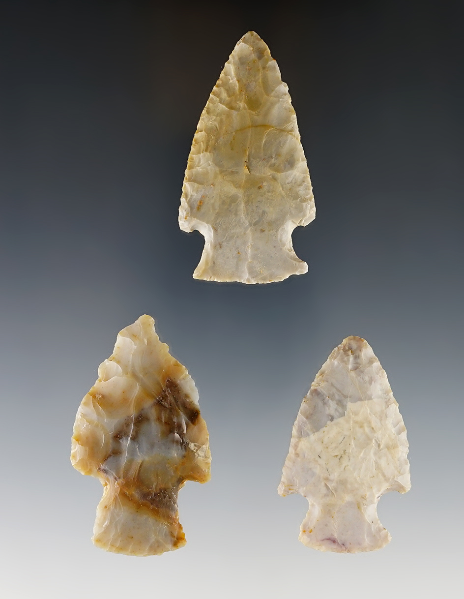 Set of 3 nice Flint Ridge Hopewell Points found in Ohio. The largest is 2 1/2".
