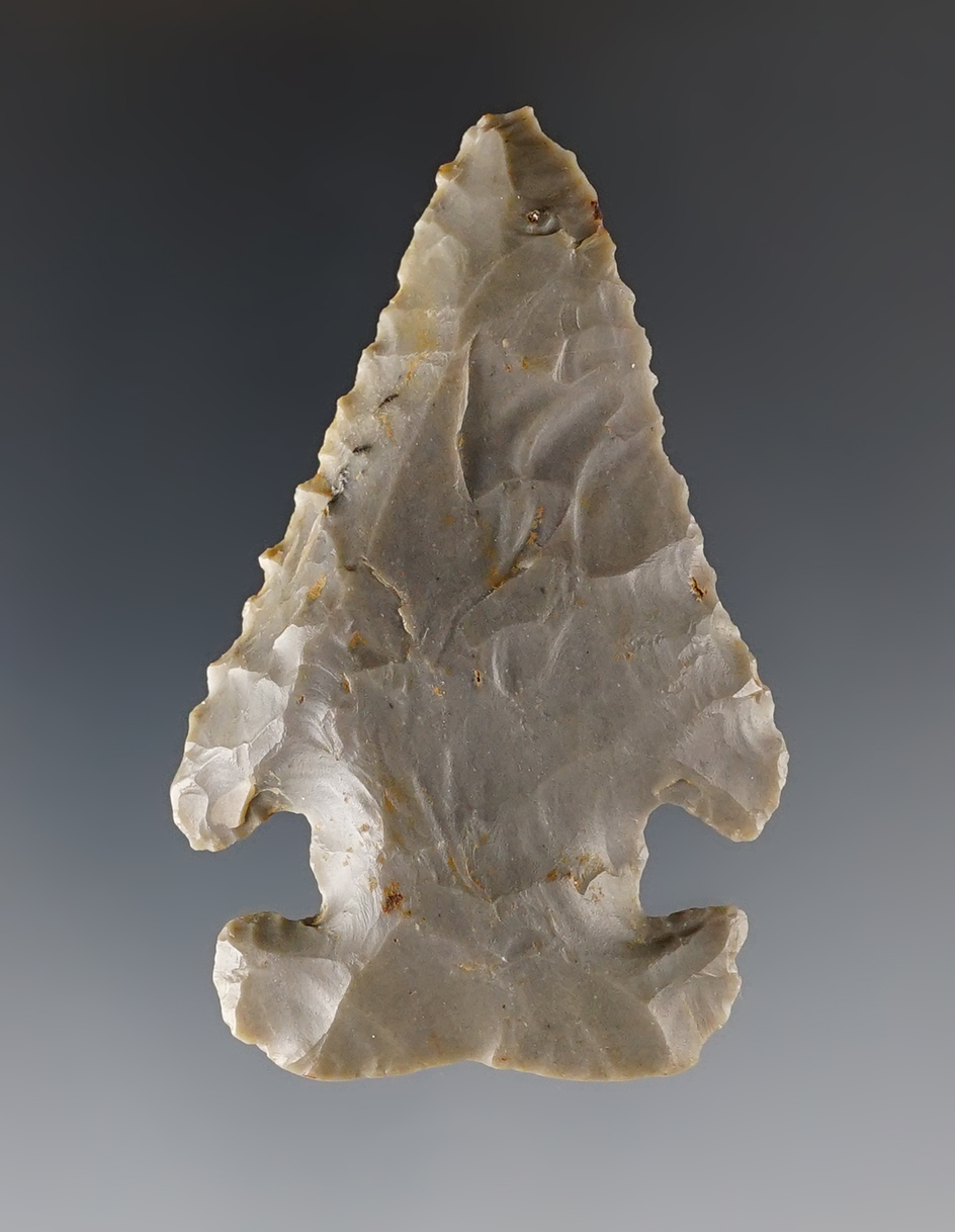 2 1/2" Indiana Hornstone Archaic E-notch from the Ohio/Indiana border. Ex. Shively.