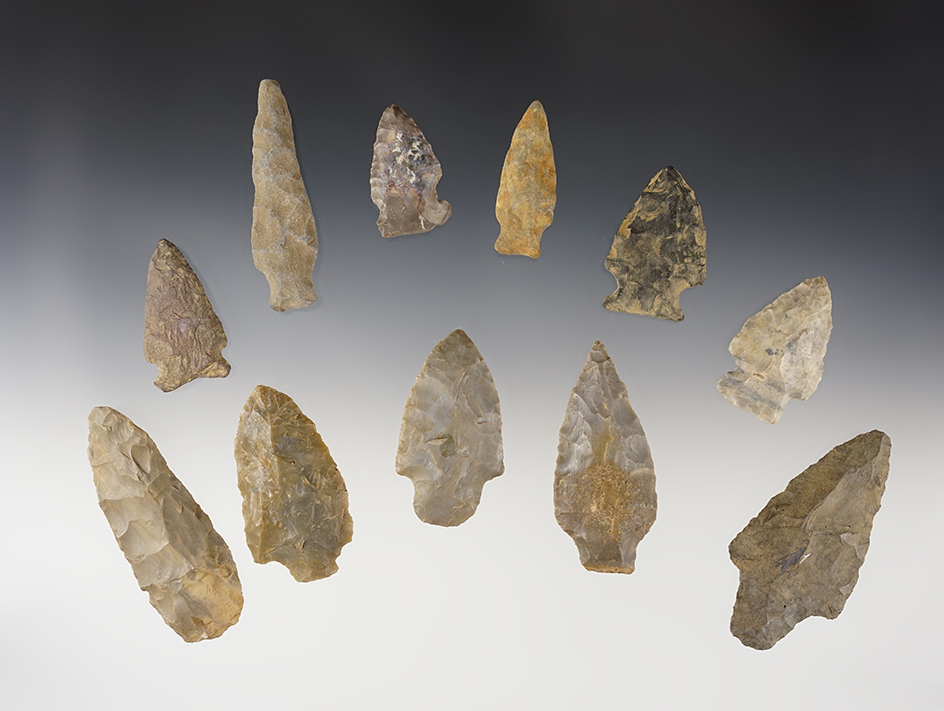 Set of 11 assorted points & knives found in various locations. The largest is 2 15/16".