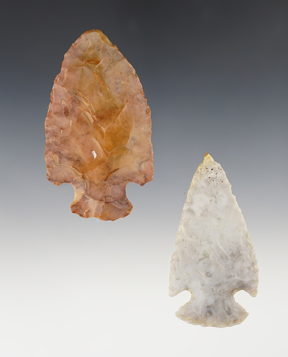 Pair of Flint Ridge Hopewell Points with modern retouch to the tips. The largest is 3 5/16".