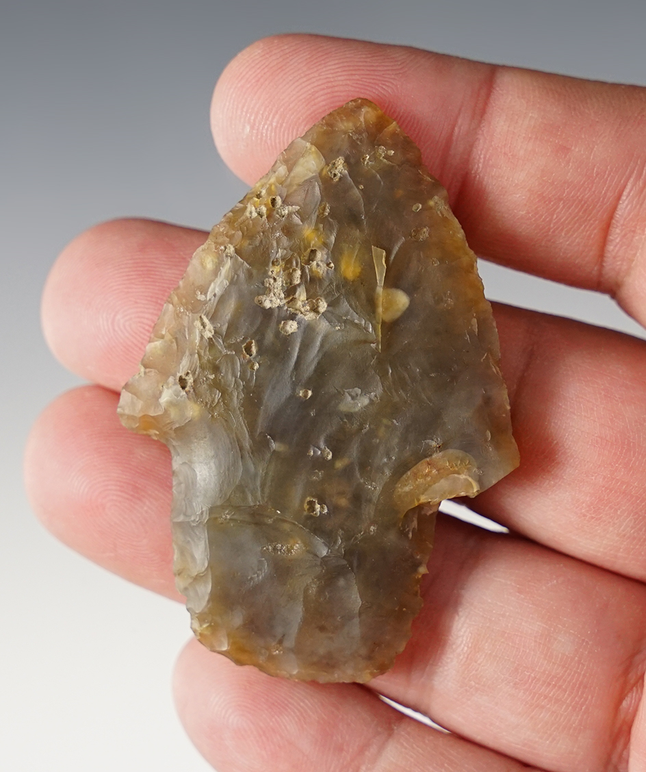 2 3/8" Adena - Licking Co., Ohio. Made from rare Flint Ridge Moss Agate Flint. Ex. Harnest.