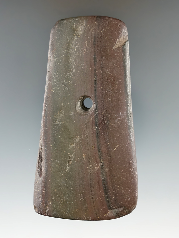 3 5/8" Adena Trapezoidal Pendant made from red and black Banded Slate, found in Ohio.